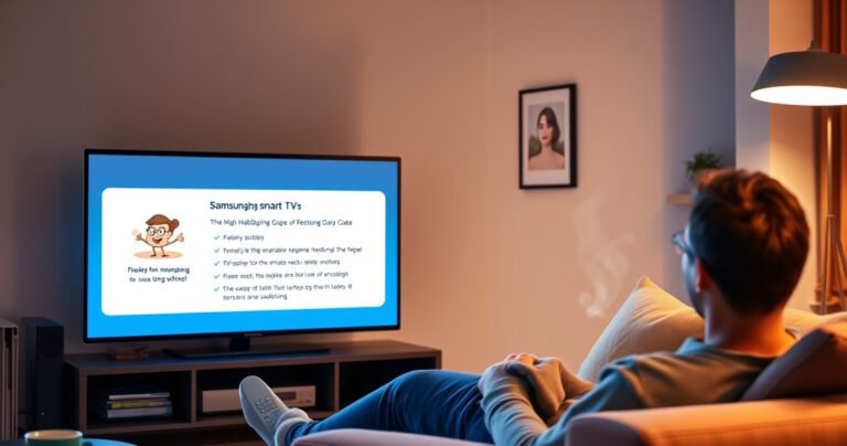 A sleek Samsung Smart TV in a cozy living room, its screen displaying a friendly, animated troubleshooting guide. Soft lighting casts a warm glow, while a person sits comfortably on a plush sofa, remote in hand, surrounded by modern decor and a steaming mug of coffee, embodying the ease of tech solutions.