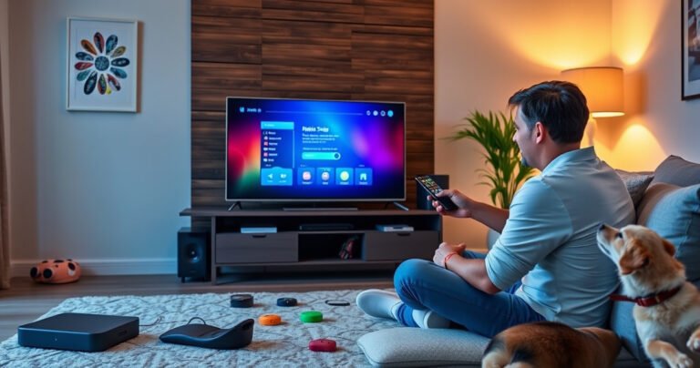 A cozy living room featuring a sleek smart TV on a stylish stand, vibrant digital interface displayed on screen, a user sitting cross-legged with a remote in hand, intently following setup steps, colorful tech gadgets scattered around, warm lighting creating an inviting atmosphere, and a family pet curiously observing nearby.