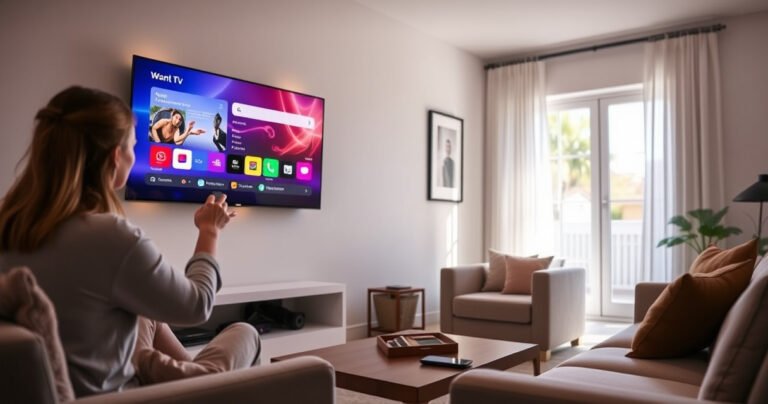 A modern living room featuring a sleek smart TV mounted on the wall, surrounded by cozy furniture. A user interacts with the TV's interface, showcasing vibrant app icons. Soft ambient lighting highlights the room, while a coffee table holds a remote and a smartphone, emphasizing a tech-savvy lifestyle. A window reveals a sunny day outside.