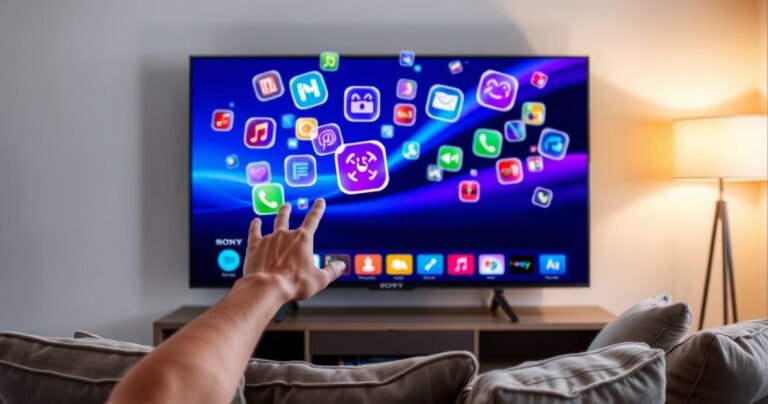 A sleek Sony Smart TV displayed in a modern living room, vibrant app icons floating around it like colorful bubbles, a user’s hand reaching towards the screen, soft ambient lighting illuminating the space, and a cozy couch adorned with plush pillows, creating a welcoming atmosphere for tech-savvy viewers eager to enhance their entertainment experience.