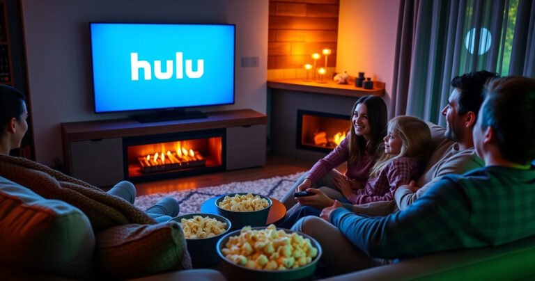 A cozy living room with a modern smart TV displaying the Hulu logo on the screen, surrounded by a plush couch, popcorn bowls, and a glowing fireplace. Soft, warm lighting enhances the inviting atmosphere, while a family joyfully interacts with a remote, showcasing a perfect movie night scene.