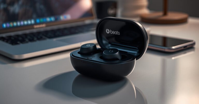 A close-up view of sleek Beats earbuds cradled in their glossy charging case, illuminated by soft ambient light. The case is slightly open, revealing the earbuds nestled inside, with subtle reflections on the surface. In the background, a stylish desk setup includes a laptop and a smartphone, exuding a modern, tech-savvy atmosphere.