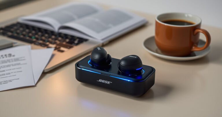A sleek pair of Bose wireless earbuds resting on a modern charging case, with vibrant blue and green LED indicators glowing softly. The background features a minimalist workspace with a stylish laptop, open user manual, and a cozy cup of coffee, creating an inviting and tech-savvy atmosphere.
