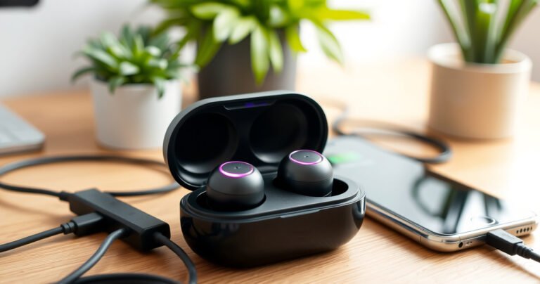 A close-up of sleek wireless earbuds resting in a stylish charging case, vibrant LED indicators glowing softly, surrounded by an array of charging cables and a modern smartphone. The background features a cozy, minimalist workspace with a wooden desk and lush green plants, evoking a sense of tech-savvy lifestyle and organization.