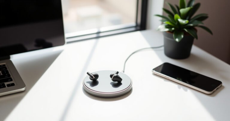 A sleek, modern workspace featuring a pair of stylish wireless earbuds charging on a minimalist white desk, surrounded by a smartphone and a wireless charging pad. Soft natural light filters through a nearby window, casting gentle shadows, while a potted plant adds a touch of freshness, symbolizing the simplicity and ease of charging.
