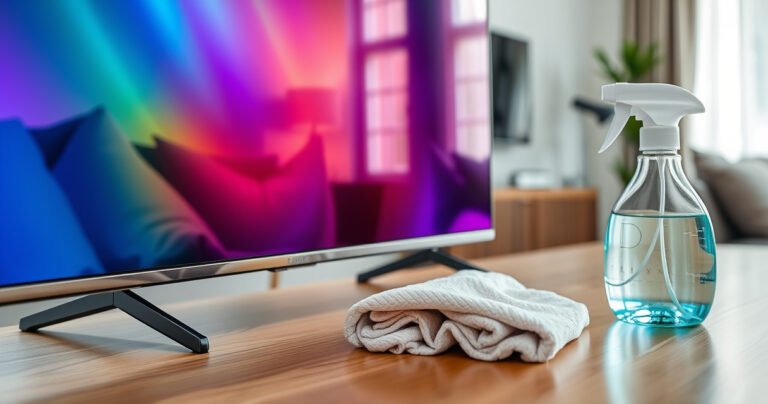 A close-up of a gleaming Samsung Smart TV screen displaying vibrant colors, with a gentle reflection of a cozy living room in the glass. Nearby, a soft microfiber cloth and a spray bottle of cleaning solution rest on a sleek wooden table, emphasizing a clean and safe cleaning process.