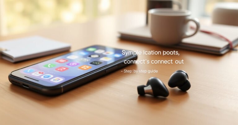 A close-up of a sleek iPhone with vibrant app icons, next to a pair of stylish wireless earphones, set against a minimalist wooden desk. Soft morning light filters through a nearby window, highlighting a simple step-by-step guide on connecting the earphones, with cozy home elements like a coffee cup and a notebook in the background.