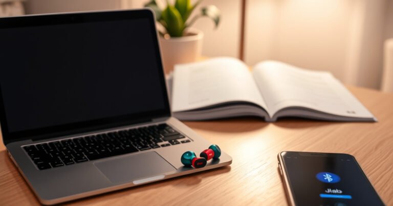 An inviting workspace featuring a sleek laptop, an open instruction manual, and a pair of stylish JLab earbuds prominently displayed. Bright, soft lighting highlights the earbuds' vibrant colors, while a smartphone with a Bluetooth connection screen glows nearby. A cozy background with a potted plant adds a touch of warmth and comfort.