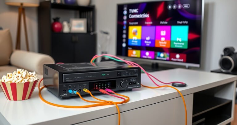 A vintage VCR with colorful buttons sits on a modern, sleek smart TV stand. In the background, a cozy living room features a plush sofa and a retro popcorn bowl. Brightly colored cables intertwine between the devices, while a digital screen displays a vibrant connection guide, blending nostalgia with contemporary technology.