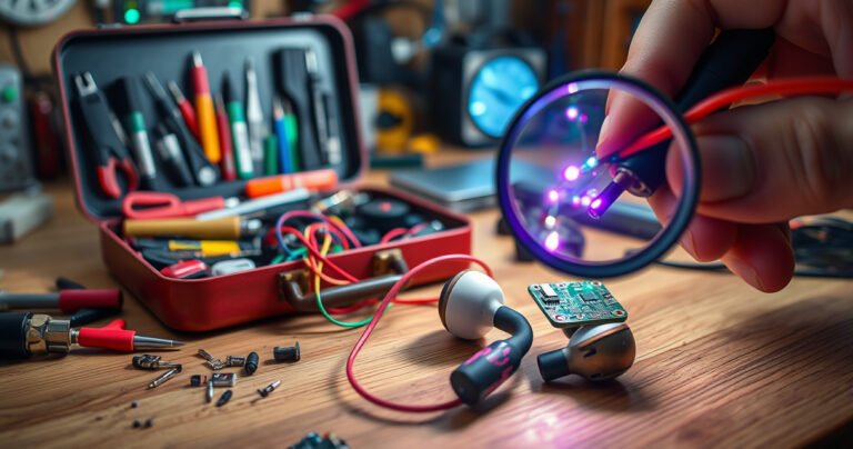 An open toolbox scattered with various small tools, a pair of disassembled earphones lying on a wooden workbench, colorful wires frayed and exposed, bright LED lights illuminating the scene, magnifying glass focused on a tiny circuit board, and a hand holding a soldering iron, all set against a blurred backdrop of a cozy workspace filled with tech gadgets.