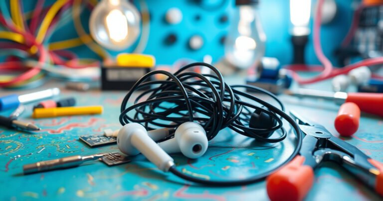 A close-up of a pair of tangled earphones on a vibrant workbench, surrounded by small tools like a screwdriver and pliers. The background features colorful wires and circuit boards, while a glowing light bulb hangs overhead, illuminating the scene. The atmosphere is a mix of creativity and problem-solving, inviting the viewer to explore DIY repairs.