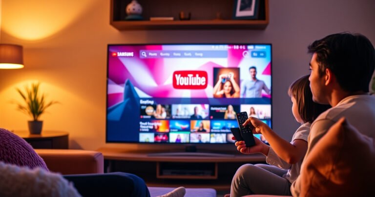 A sleek Samsung Smart TV displaying the vibrant YouTube homepage, surrounded by a cozy living room setting. Warm lighting accentuates plush sofas and colorful decor, while a curious family member leans forward, remote in hand, excited to explore. A subtle glow from the TV screen contrasts with the soft hues of the room, inviting viewers to engage.