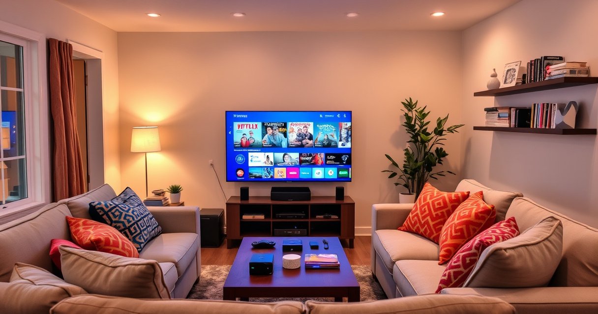 A cozy living room with a sleek smart TV displaying vibrant streaming content, surrounded by a comfy sofa, colorful throw pillows, and a coffee table with tech gadgets. Warm lighting casts a welcoming glow, while a wall-mounted shelf holds books and decorative items, creating an inviting atmosphere for tech enthusiasts and families alike.
