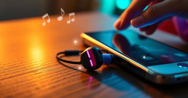 A close-up of vibrant, stylish earbuds resting on a sleek wooden surface, surrounded by sound waves visually emanating from them. Light sparkles off the earbuds, while a hand adjusts the volume on a smartphone nearby, creating an atmosphere of innovation and music empowerment, with subtle musical notes fluttering in the background.