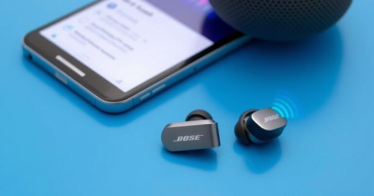 A close-up of sleek Bose earbuds resting on a vibrant blue surface, surrounded by visual elements like a smartphone displaying Bluetooth settings, glowing connection symbols, and colorful sound waves emanating from the earbuds, creating a sense of modern technology and seamless connectivity, with a clean, minimalist aesthetic that emphasizes simplicity and ease of use.