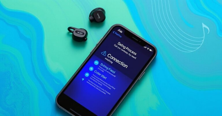 A sleek pair of JLab earbuds resting on a vibrant blue and green abstract background, with a glowing smartphone displaying connection steps in a modern font, surrounded by musical notes and sound waves, conveying a sense of seamless technology and connectivity, inviting readers to explore the pairing process.