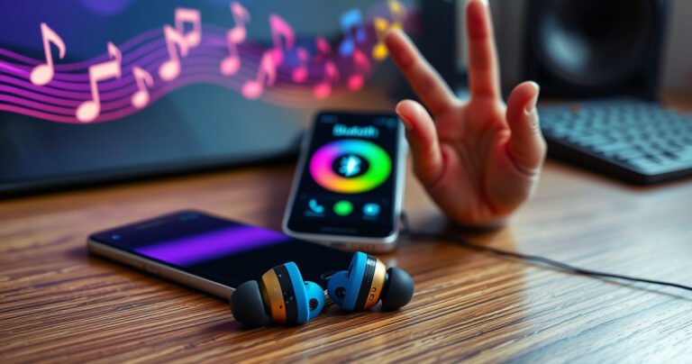 A close-up of vibrant Skullcandy earbuds resting on a sleek wooden desk, with a smartphone displaying a colorful Bluetooth pairing screen. In the background, blurred music notes float in the air, symbolizing sound waves, while a pair of enthusiastic hands gestures in the foreground, demonstrating the pairing process with engaging enthusiasm.