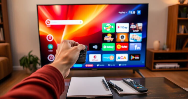 A sleek modern smart TV displaying a vibrant user interface, surrounded by colorful remote controls and a cozy living room setting. A hand is poised over the remote, ready to press a record button, with a notepad and pen on a nearby table, illustrating the idea of capturing moments effortlessly in a digital age.