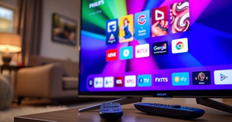 A close-up of a sleek Philips Smart TV displaying a vibrant, colorful home screen filled with app icons. In the background, a cozy living room with soft lighting, a plush sofa, and a stylish coffee table. An inviting remote control rests nearby, hinting at the easy navigation and user-friendly interface.