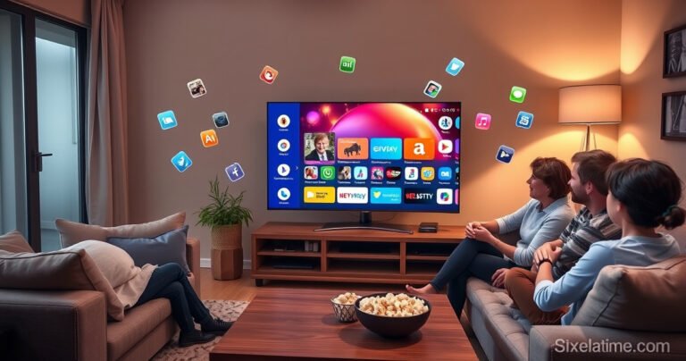A cozy living room with a sleek Samsung Smart TV displaying a vibrant app store interface. A family gathered on a plush sofa, engaged in friendly discussion, with a bowl of popcorn on a wooden coffee table. Soft ambient lighting casts a warm glow, and colorful app icons float around the TV screen, inviting exploration.
