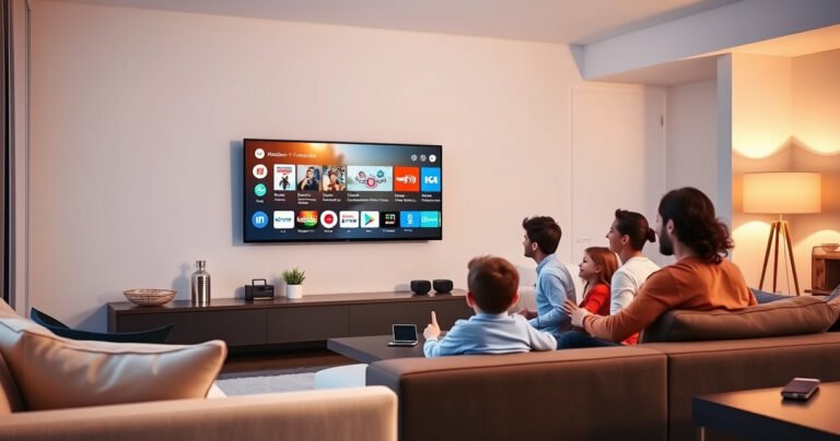 A modern living room featuring a sleek smart TV on a stylish wall mount, surrounded by cozy furniture and soft lighting. A family is gathered, joyfully interacting with the TV interface, showcasing various apps and streaming options. Bright colors, a warm ambiance, and a hint of tech gadgets accent the scene, capturing the essence of a connected home.