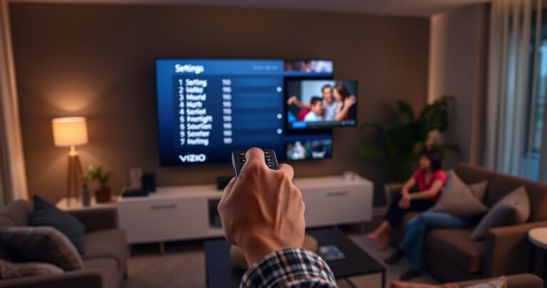 A modern living room featuring a sleek Vizio Smart TV displaying its settings menu. A hand is poised over the remote, with a look of determination. Surrounding the TV are cozy furnishings, soft ambient lighting, and a faint reflection of a family enjoying a movie night, creating a warm, inviting atmosphere.