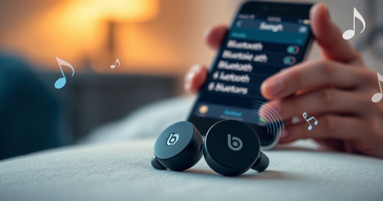 A close-up of sleek black Beats wireless earbuds resting on a soft, light-colored surface, with vibrant sound waves visually emanating from them. In the background, a hand holds a smartphone displaying the Bluetooth settings, illuminated by a warm, inviting glow. Subtle hints of music notes float around, creating a dynamic and engaging atmosphere.