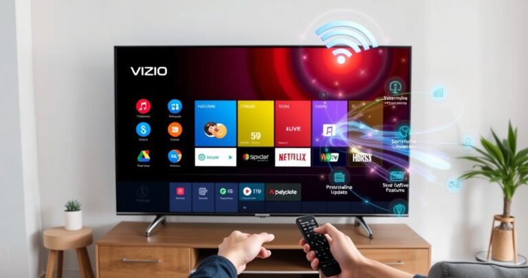 A sleek Vizio Smart TV displayed in a modern living room, surrounded by colorful streaming icons and a glowing Wi-Fi symbol. A person eagerly navigates the user-friendly interface on the screen with a remote, while bright, dynamic visuals of software updates and smart features swirl around, illustrating the seamless process of updating technology.