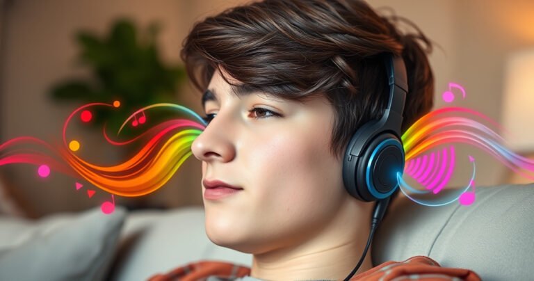 A close-up of a young person comfortably wearing sleek, modern earphones, surrounded by vibrant sound waves illustrated in colorful swirls. The background features soft, blurred textures of a cozy room, with warm lighting enhancing the relaxed atmosphere, while the person's expression reflects concentration and enjoyment, showcasing the perfect blend of style and comfort.