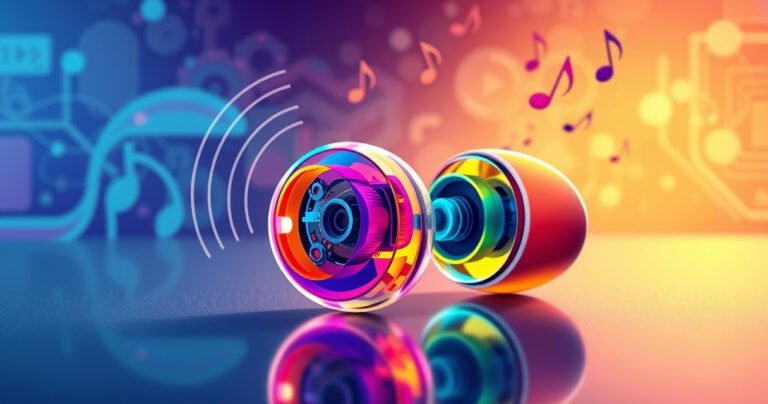A close-up illustration of colorful, transparent earbuds with intricate internal components visible, surrounded by sound waves radiating outward. The background features a gradient of tech-inspired patterns, with tiny musical notes floating in the air, symbolizing sound transmission. The earbuds rest on a sleek, modern surface, capturing the essence of audio technology and innovation.