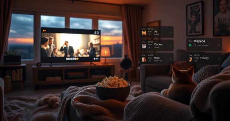 A cozy living room scene at dusk, with a soft glow from a screen displaying an iconic movie. A bowl of popcorn sits on a coffee table, surrounded by blankets. A cat curls up on a nearby couch, while digital movie rental options float in the air, illuminated by warm, inviting light.