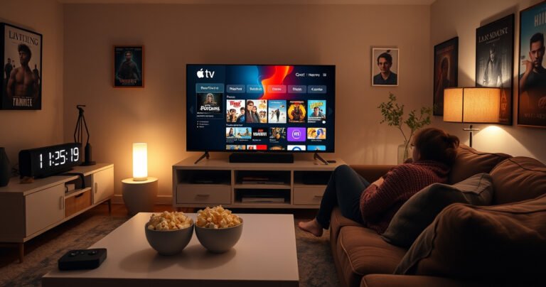 A cozy living room with a large TV displaying the Apple TV interface, popcorn bowls on a coffee table, soft lighting creating a warm atmosphere, a digital clock subtly showing rental countdown, and a person comfortably curled up on a couch, engrossed in a movie, surrounded by movie posters on the walls.