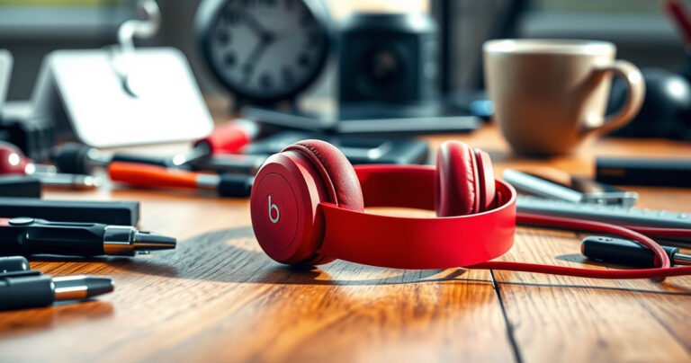 A close-up of a pair of sleek, red Beats earphones resting on a wooden table, surrounded by scattered tools and gadgets, with a soft glow of natural light illuminating the textured surface. In the background, a blurred clock and a coffee cup hint at a busy, tech-savvy lifestyle.