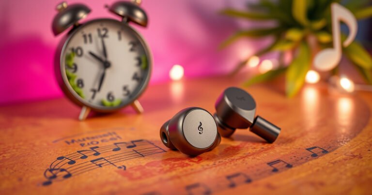 A close-up of sleek, modern Raycon earbuds resting on a vibrant, textured surface, surrounded by symbols of longevity like a clock with lush greenery, a battery icon, and soft glowing light. The earbuds gleam, showcasing their stylish design, while a subtle background hints at music notes, evoking a sense of sound and durability.