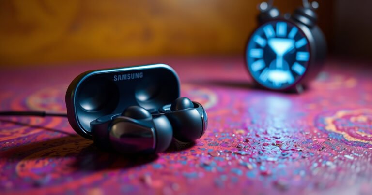 A close-up of sleek Samsung earbuds resting on a vibrant, textured surface, surrounded by glowing battery icons and an hourglass symbol, illustrating the concept of time and longevity. Soft light highlights the earbuds' design, while a faint digital clock ticks in the background, emphasizing the theme of battery life and lifespan.