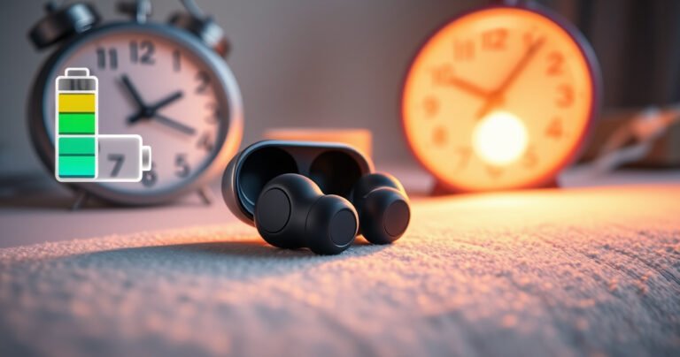 A close-up of sleek, modern wireless earbuds resting on a soft, textured surface, surrounded by vibrant energy icons symbolizing battery life and longevity. In the background, a subtle clock and charging cable hint at time and technology, while a warm light casts an inviting glow, evoking a sense of innovation and connectivity.
