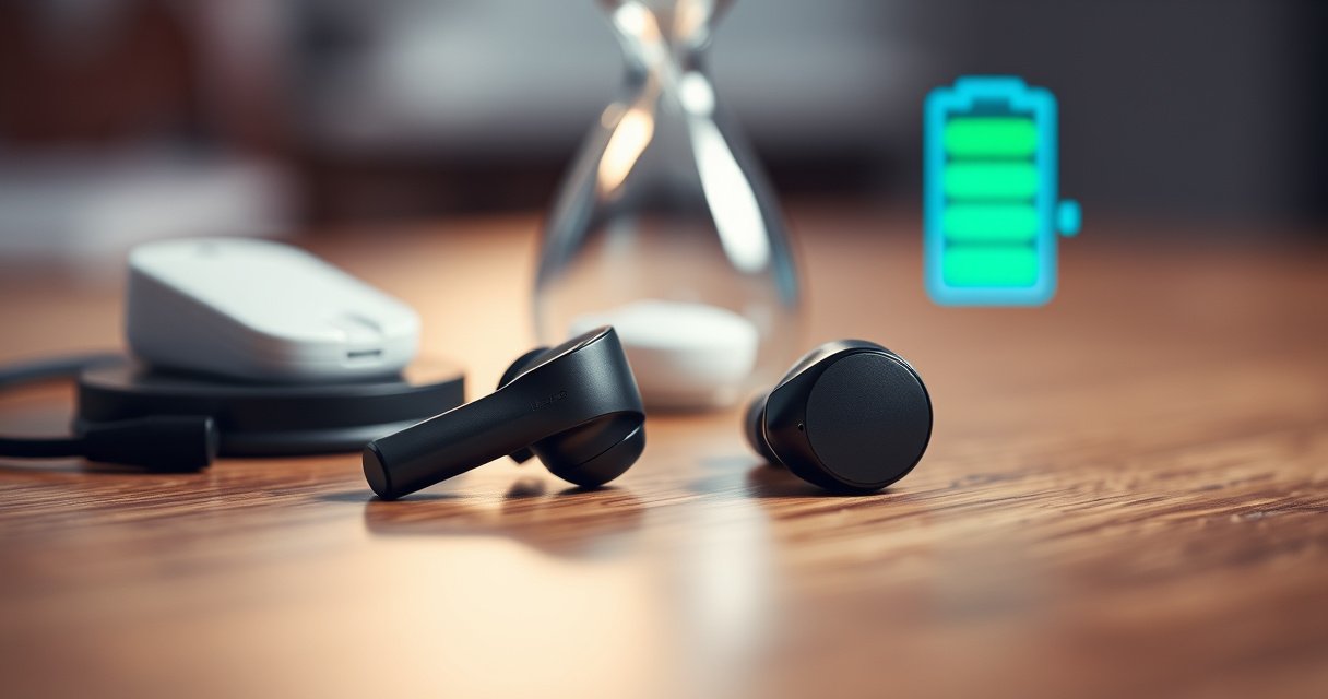 A close-up of sleek, modern wireless earphones resting on a wooden table, with a soft glow highlighting their glossy finish. In the background, an hourglass symbolizes time passing, while a vibrant battery icon displays various charge levels, creating a dynamic contrast between technology and the concept of longevity.