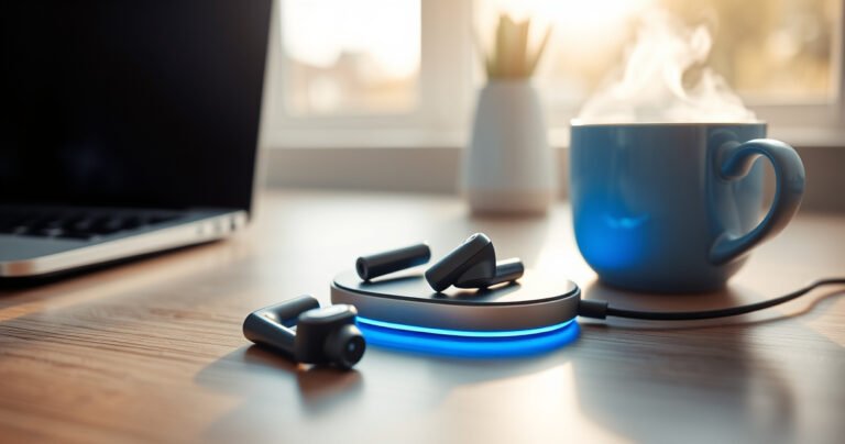 A close-up of sleek, modern earbuds resting on a stylish charging pad, glowing softly with a blue LED light. Surrounding them is a minimalist workspace with a laptop and a steaming coffee cup, bathed in warm afternoon sunlight filtering through a window, emphasizing the theme of connectivity and convenience.