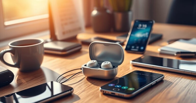 A close-up of a sleek, modern earbuds case charging on a stylish wooden desk, with warm afternoon sunlight streaming through a nearby window. The case is partially open, revealing the earbuds inside, while a digital timer on a smartphone displays the countdown. Surrounding elements include a cup of coffee and scattered tech gadgets, creating a cozy atmosphere.