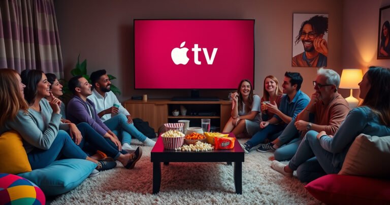 A cozy living room with a large, illuminated TV displaying the Apple TV logo, surrounded by a diverse group of friends and family, all laughing and enjoying popcorn. Colorful cushions scattered on a plush rug, soft lighting creating a warm ambiance, and a vibrant mix of snacks on a coffee table, highlighting a joyful movie night atmosphere.