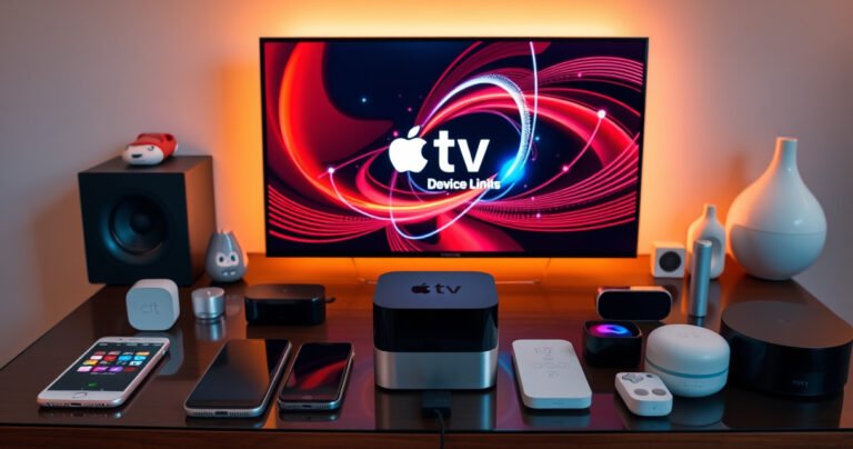 A sleek Apple TV device sits on a modern entertainment center, surrounded by various connected gadgets like iPhones, iPads, and smart home devices. The screen displays a vibrant interface showcasing device limits, with swirling graphics symbolizing connectivity and digital life. Warm ambient lighting creates an inviting atmosphere, emphasizing the integration of technology in everyday living.
