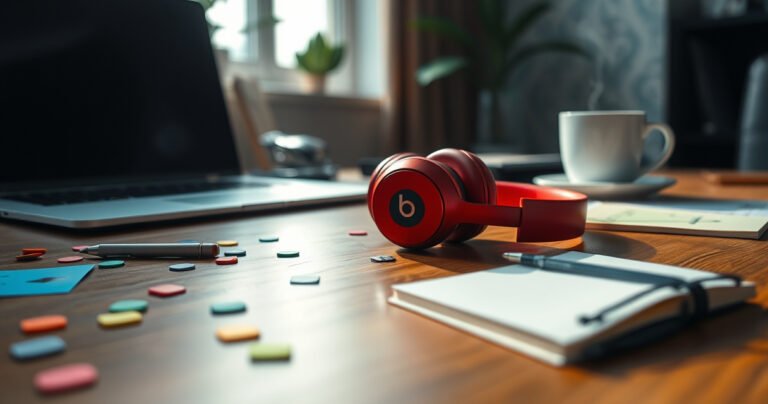 A sleek, modern workspace featuring a close-up of vibrant red Beats by Dre earphones on a polished wooden desk, surrounded by scattered colorful notes and a steaming cup of coffee, with soft morning light streaming through a window, creating a warm, inviting atmosphere that embodies style and productivity.