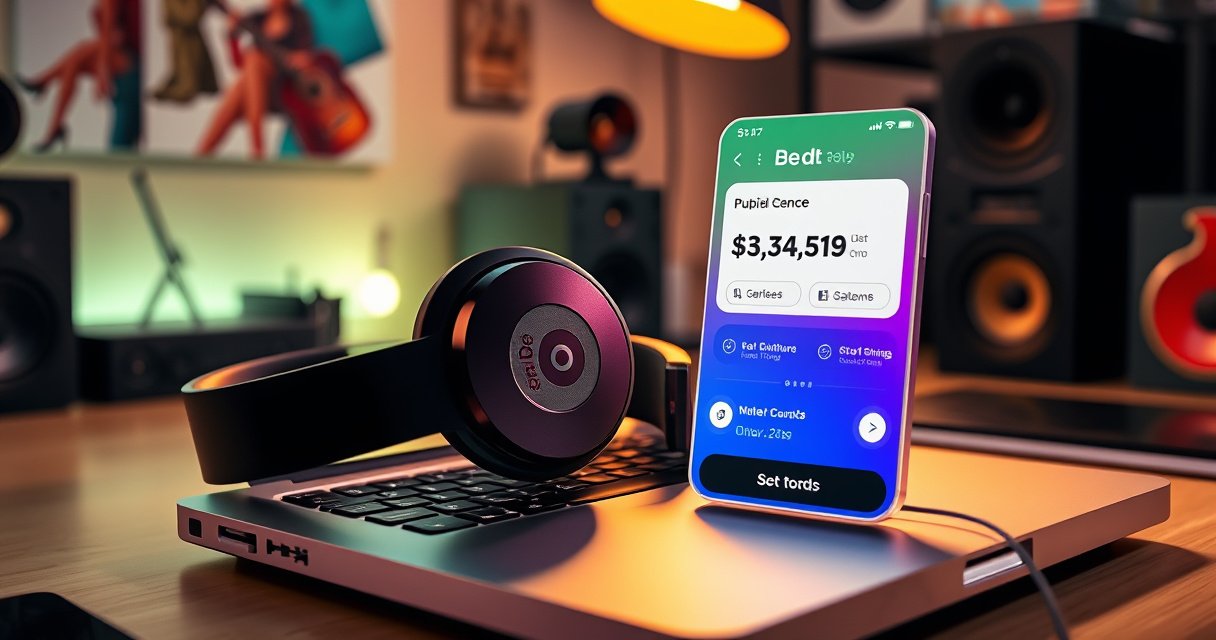 A sleek, modern workspace featuring a pair of Dr. Dre Beats earphones resting atop an open laptop, surrounded by stylish, colorful music-themed decor. Bright, ambient lighting reflects off the earphones' glossy surface, while a digital price tag floats next to them, highlighting current prices and options in a vibrant, engaging layout.
