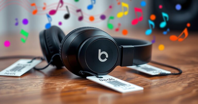 A close-up of sleek, glossy black Dre Beats earphones resting on a stylish wooden surface, surrounded by price tags and colorful music notes swirling in the air, evoking a sense of luxury and sound. The background softly blurred, highlighting the earphones as the focal point, capturing the essence of modern audio technology.