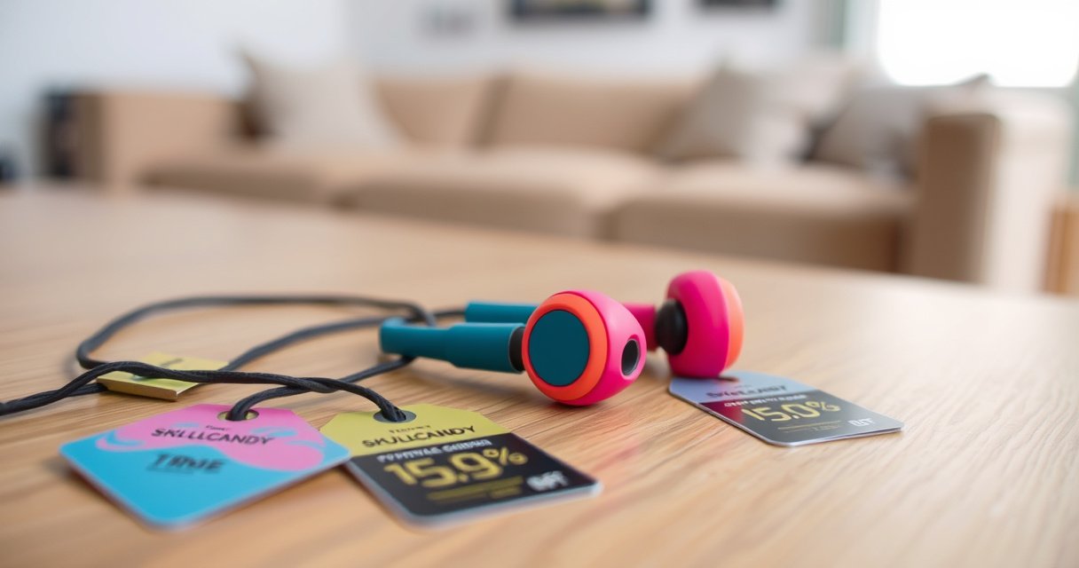 A close-up of vibrant Skullcandy earphones resting on a sleek wooden surface, surrounded by colorful price tags and digital price charts, with a blurred background of a cozy living space. Soft lighting highlights the earphones' unique design, creating an inviting and modern atmosphere that emphasizes style and affordability.