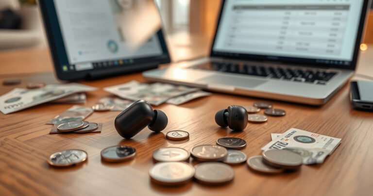 A sleek pair of wireless earphones elegantly resting on a modern wooden table, surrounded by scattered currency notes and coins in various denominations, with a soft, ambient light illuminating the scene, reflecting luxury and technology, while an open laptop in the background displays a price comparison chart, capturing the essence of value and choice in audio accessories.