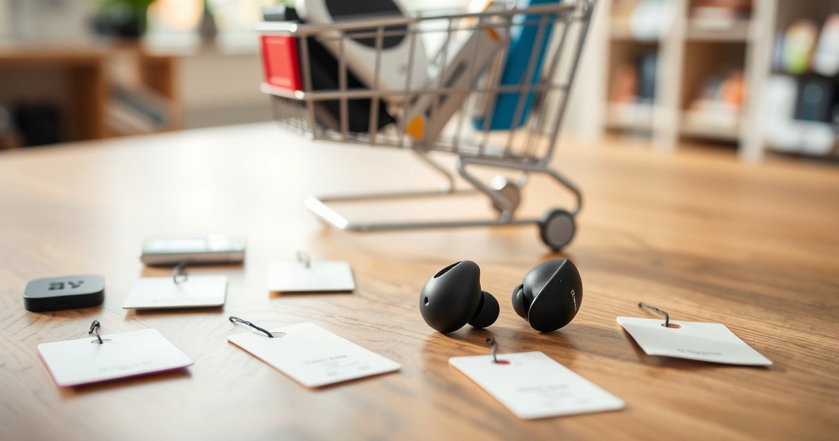 A sleek pair of wireless earphones rests on a wooden table, surrounded by price tags of various designs, from luxurious to budget-friendly. In the background, a blurred shopping cart filled with tech gadgets hints at consumer choice. Soft natural light highlights the earphones’ modern curves, emphasizing the blend of technology and style.