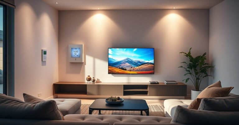 A sleek, modern living room bathed in soft, ambient light, showcasing a vibrant smart TV displaying a colorful nature scene. A power meter glows subtly in the background, hinting at energy consumption. Cozy furnishings invite relaxation, while a digital infographic on the wall illustrates estimated electricity use, creating a harmonious blend of technology and comfort.