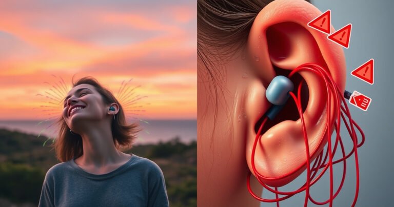 A serene split image: one side shows a person blissfully listening to music with colorful sound waves surrounding them, while the other side depicts an ear with warning signs emerging from tangled earphones. Soft, warm colors contrast with harsh reds, illustrating the balance between enjoyment and caution in earphone use.