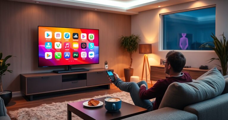 A sleek living room with a large smart TV displaying vibrant app icons, a person seated comfortably on a modern couch holding a remote, surrounded by cozy decor. Soft lighting enhances the room's warmth, while a coffee table holds a steaming cup and snacks, conveying a welcoming atmosphere for tech-savvy exploration.